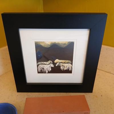 Assortment of collectible Kitchen items - inlayed trivet - Two Turkish bowls - Knife sharpening whetstone - cute, framed sheep