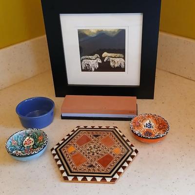 Assortment of collectible Kitchen items - inlayed trivet - Two Turkish bowls - Knife sharpening whetstone - cute, framed sheep