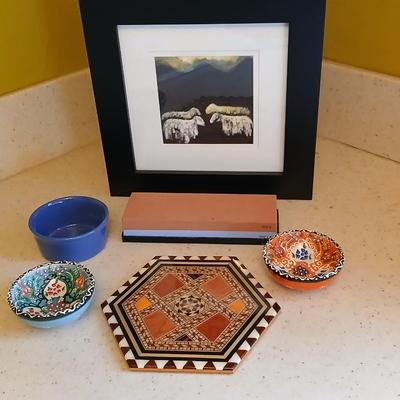 Assortment of collectible Kitchen items - inlayed trivet - Two Turkish bowls - Knife sharpening whetstone - cute, framed sheep