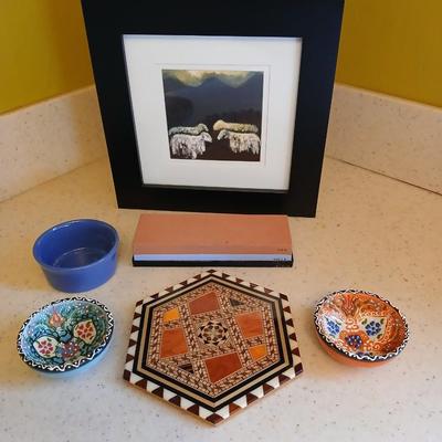 Assortment of collectible Kitchen items - inlayed trivet - Two Turkish bowls - Knife sharpening whetstone - cute, framed sheep