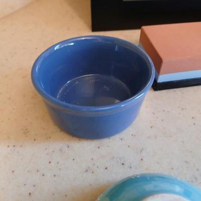 Assortment of collectible Kitchen items - inlayed trivet - Two Turkish bowls - Knife sharpening whetstone - cute, framed sheep