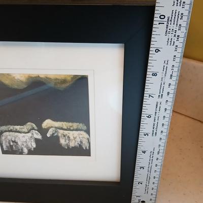 Assortment of collectible Kitchen items - inlayed trivet - Two Turkish bowls - Knife sharpening whetstone - cute, framed sheep