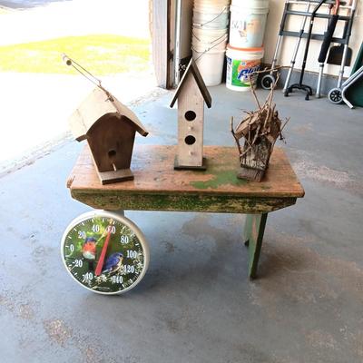 OLD WOODEN BENCH, 3 BIRDHOUSES AND A THERMOMETER