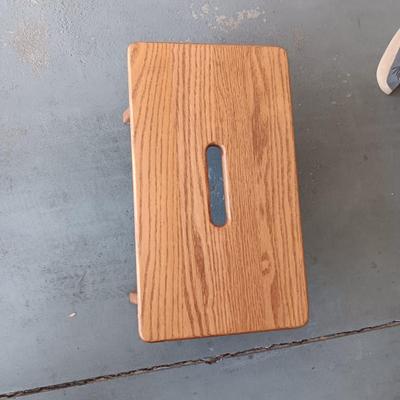 WOODEN STOOL AND A CAST IRON PHEASANT DOOR STOP