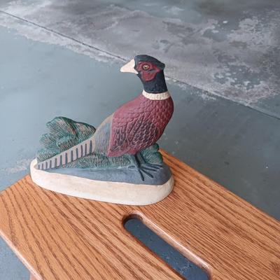 WOODEN STOOL AND A CAST IRON PHEASANT DOOR STOP