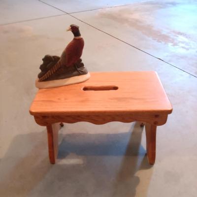 WOODEN STOOL AND A CAST IRON PHEASANT DOOR STOP