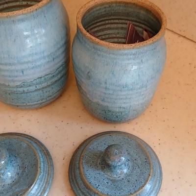 Three signed Pottery canisters VanGogh Blue artisan style with lids