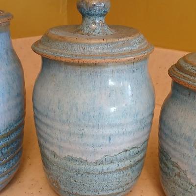 Three signed Pottery canisters VanGogh Blue artisan style with lids