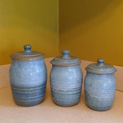 Three signed Pottery canisters VanGogh Blue artisan style with lids