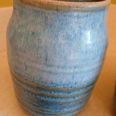 Three signed Pottery canisters VanGogh Blue artisan style with lids