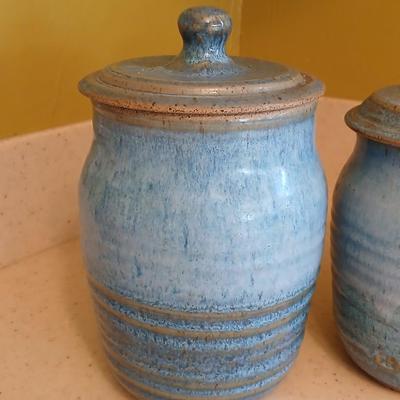 Three signed Pottery canisters VanGogh Blue artisan style with lids