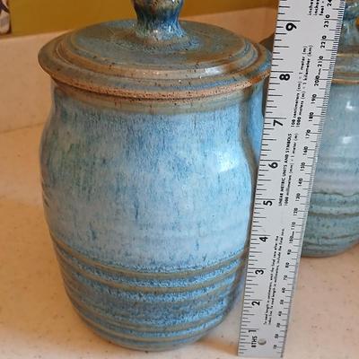 Three signed Pottery canisters VanGogh Blue artisan style with lids