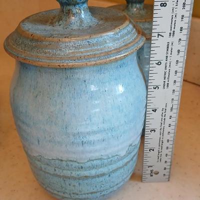 Three signed Pottery canisters VanGogh Blue artisan style with lids