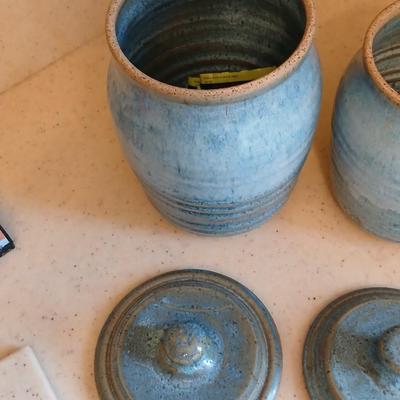 Three signed Pottery canisters VanGogh Blue artisan style with lids