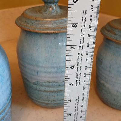 Three signed Pottery canisters VanGogh Blue artisan style with lids