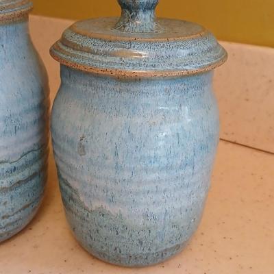 Three signed Pottery canisters VanGogh Blue artisan style with lids