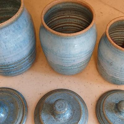 Three signed Pottery canisters VanGogh Blue artisan style with lids