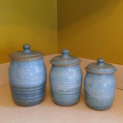 Three signed Pottery canisters VanGogh Blue artisan style with lids