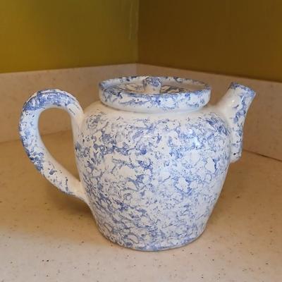 Spongeware pottery made tea pot signed on base "Bear" 89'