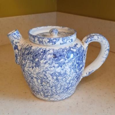 Spongeware pottery made tea pot signed on base "Bear" 89'