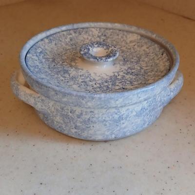 Spongeware Lidded Pottery dish / pot signed "Bear" 96' on base