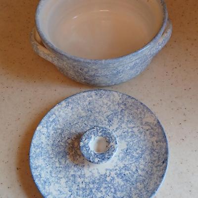 Spongeware Lidded Pottery dish / pot signed "Bear" 96' on base