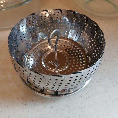Two glass bowls - Mixing bowl & vintage lidded glasbake casserole bowl - with stainless steamer basket