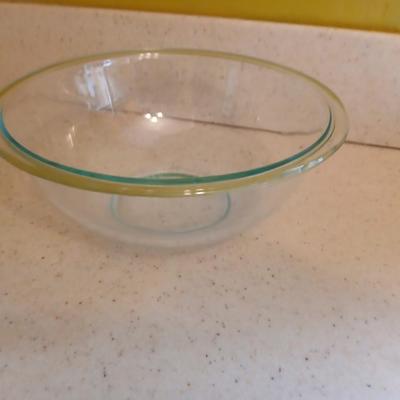 Two glass bowls - Mixing bowl & vintage lidded glasbake casserole bowl - with stainless steamer basket