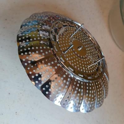 Two glass bowls - Mixing bowl & vintage lidded glasbake casserole bowl - with stainless steamer basket