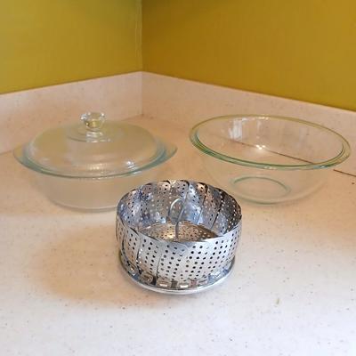 Two glass bowls - Mixing bowl & vintage lidded glasbake casserole bowl - with stainless steamer basket