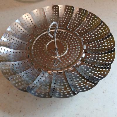 Two glass bowls - Mixing bowl & vintage lidded glasbake casserole bowl - with stainless steamer basket