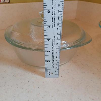 Two glass bowls - Mixing bowl & vintage lidded glasbake casserole bowl - with stainless steamer basket