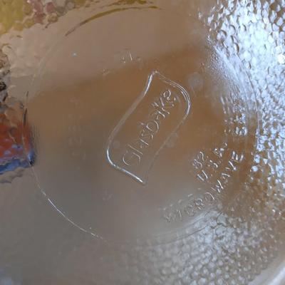 Two glass bowls - Mixing bowl & vintage lidded glasbake casserole bowl - with stainless steamer basket