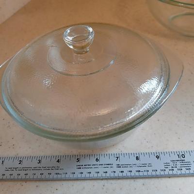 Two glass bowls - Mixing bowl & vintage lidded glasbake casserole bowl - with stainless steamer basket