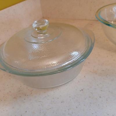 Two glass bowls - Mixing bowl & vintage lidded glasbake casserole bowl - with stainless steamer basket