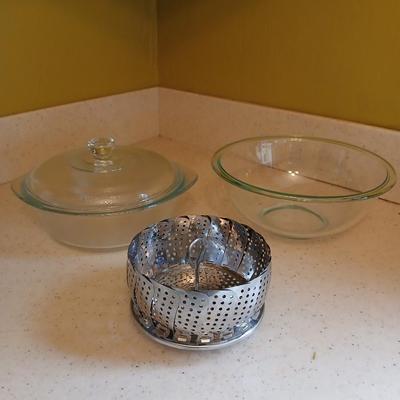 Two glass bowls - Mixing bowl & vintage lidded glasbake casserole bowl - with stainless steamer basket