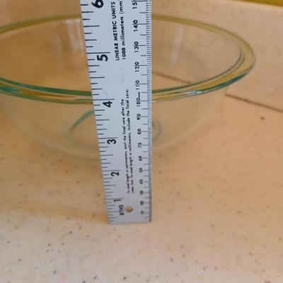 Two glass bowls - Mixing bowl & vintage lidded glasbake casserole bowl - with stainless steamer basket