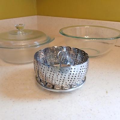 Two glass bowls - Mixing bowl & vintage lidded glasbake casserole bowl - with stainless steamer basket