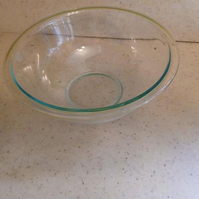 Two glass bowls - Mixing bowl & vintage lidded glasbake casserole bowl - with stainless steamer basket