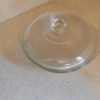 Two glass bowls - Mixing bowl & vintage lidded glasbake casserole bowl - with stainless steamer basket