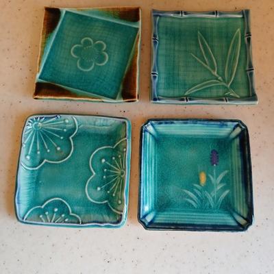 Beautiful signed wood bowl and four pottery square plates / spoon rests / tea bag