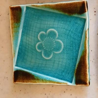 Beautiful signed wood bowl and four pottery square plates / spoon rests / tea bag