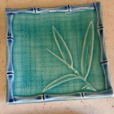 Beautiful signed wood bowl and four pottery square plates / spoon rests / tea bag