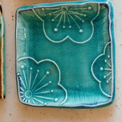 Beautiful signed wood bowl and four pottery square plates / spoon rests / tea bag