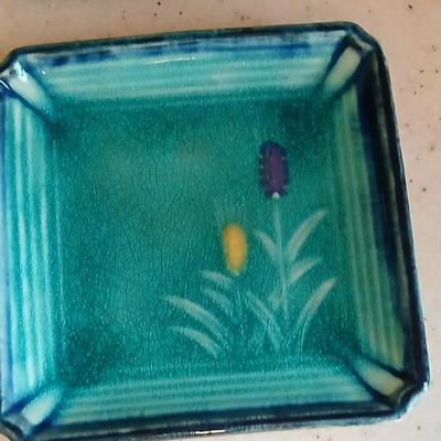Beautiful signed wood bowl and four pottery square plates / spoon rests / tea bag
