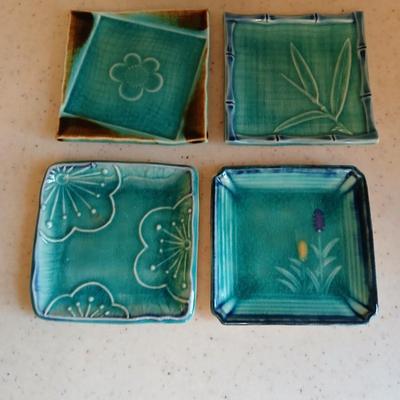 Beautiful signed wood bowl and four pottery square plates / spoon rests / tea bag