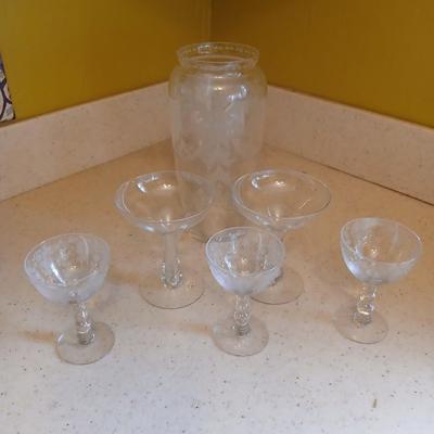 Duncan Miller stemware - Martini glasses and an acid etched vase
