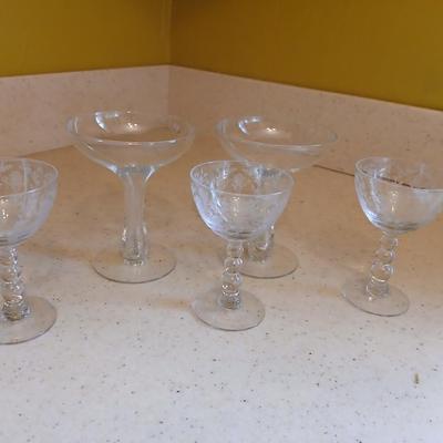Duncan Miller stemware - Martini glasses and an acid etched vase