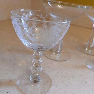 Duncan Miller stemware - Martini glasses and an acid etched vase