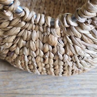 Seagrass Handmade Decorative and Functional Storage Basket Woven Curved Basket Organizer with Silver Metal Handles